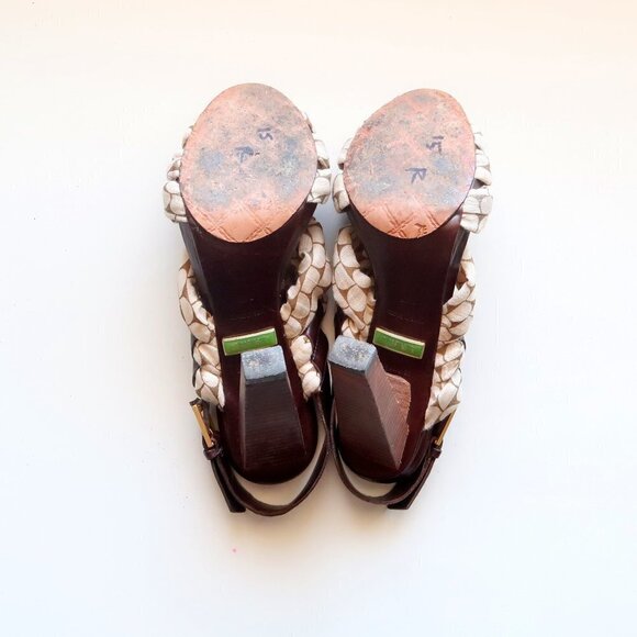 LAMB Brown Leather & Cream Canvas Sling-back Open Toe Sandals / Heels / Shoes 7. - Picture 5 of 14